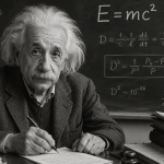 Vecchio scienziato geniale in stile Albert Einstein davanti a una lavagna piena di formule fisiche