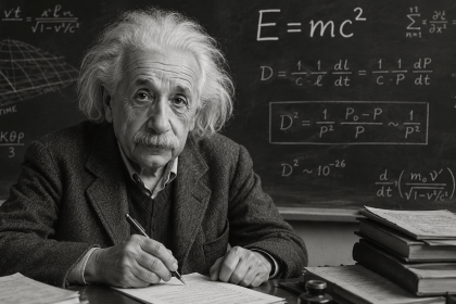 Vecchio scienziato geniale in stile Albert Einstein davanti a una lavagna piena di formule fisiche