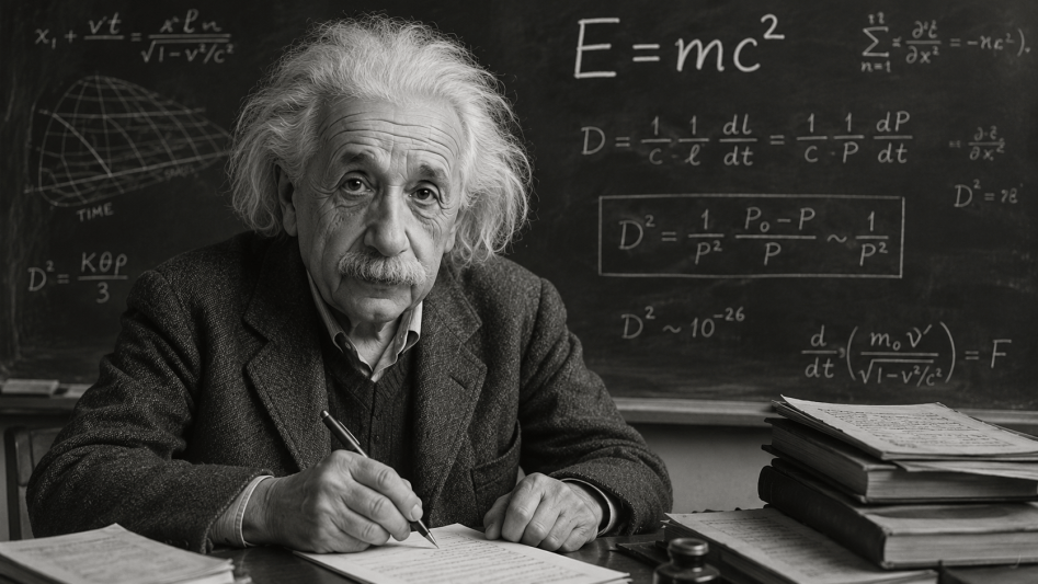 Vecchio scienziato geniale in stile Albert Einstein davanti a una lavagna piena di formule fisiche