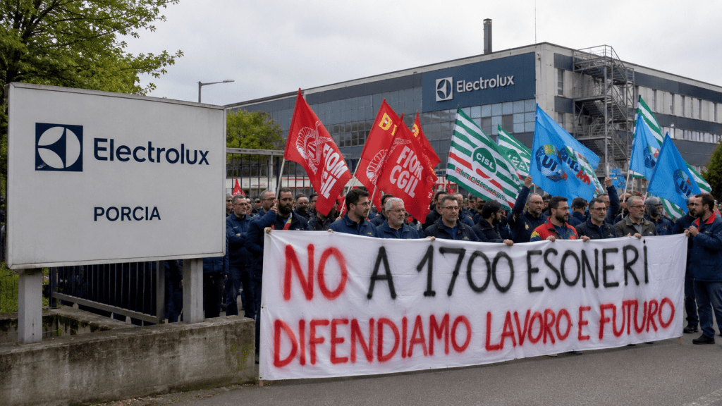 Sciopero dei lavoratori Electrolux davanti allo stabilimento di Porcia contro il piano da 1700 esuberi