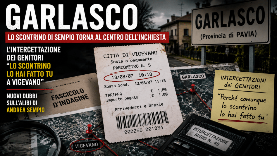 Grafica giornalistica sul caso Garlasco con scontrino del parcheggio e atmosfera investigativa senza volti reali