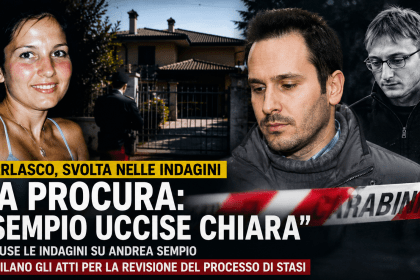 Grafica giornalistica sul caso Garlasco con silhouette maschile, scena investigativa e titolo sulle indagini chiuse per Andrea Sempio