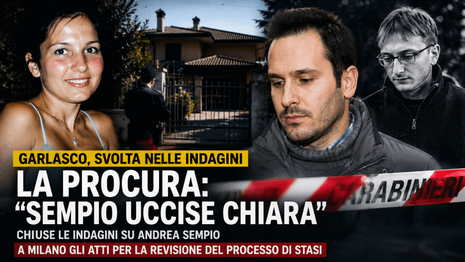 Grafica giornalistica sul caso Garlasco con silhouette maschile, scena investigativa e titolo sulle indagini chiuse per Andrea Sempio