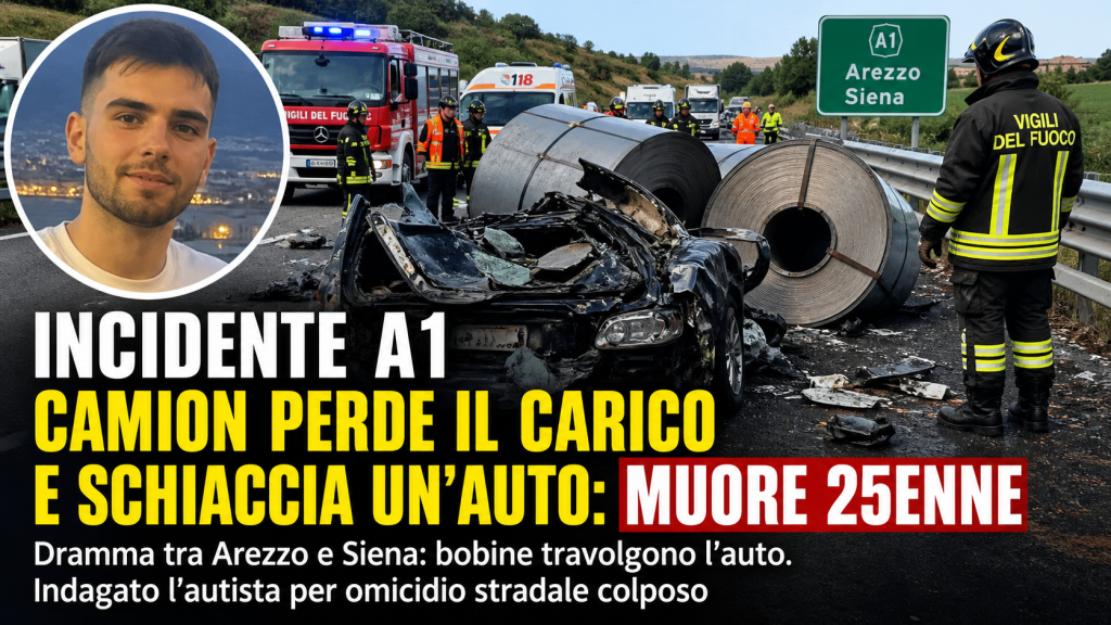Incidente sull’autostrada A1 con camion che perde il carico e auto schiacciata