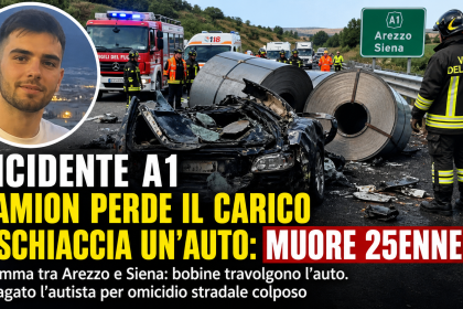 Incidente sull’autostrada A1 con camion che perde il carico e auto schiacciata