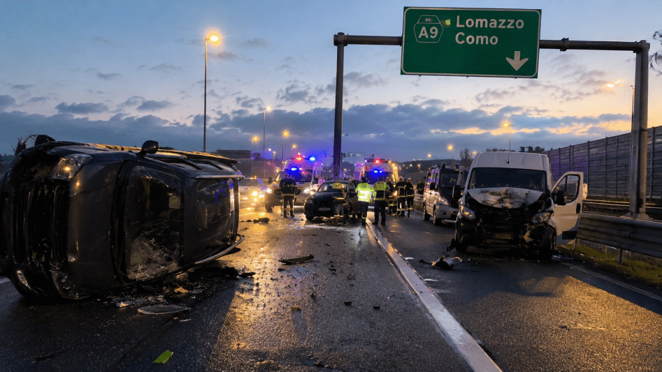 Incidente sull’A9 a Lomazzo con auto ribaltata e soccorsi dei vigili del fuoco all’alba