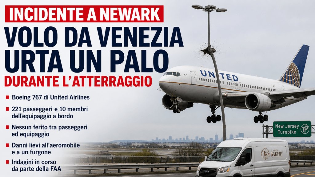 Aereo United Airlines urta un palo della luce durante l’atterraggio a Newark