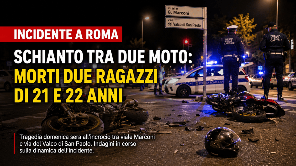 Incidente mortale tra due moto a Roma in viale Marconi con polizia locale e soccorsi sul posto