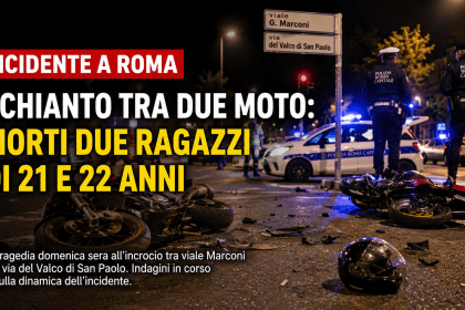 Incidente mortale tra due moto a Roma in viale Marconi con polizia locale e soccorsi sul posto