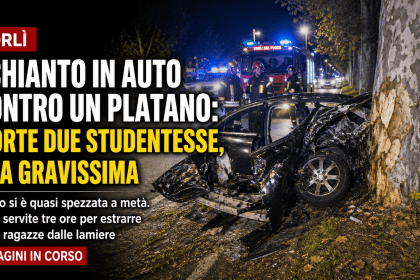 Incidente stradale a Forlì, auto distrutta contro un platano con intervento dei soccorsi