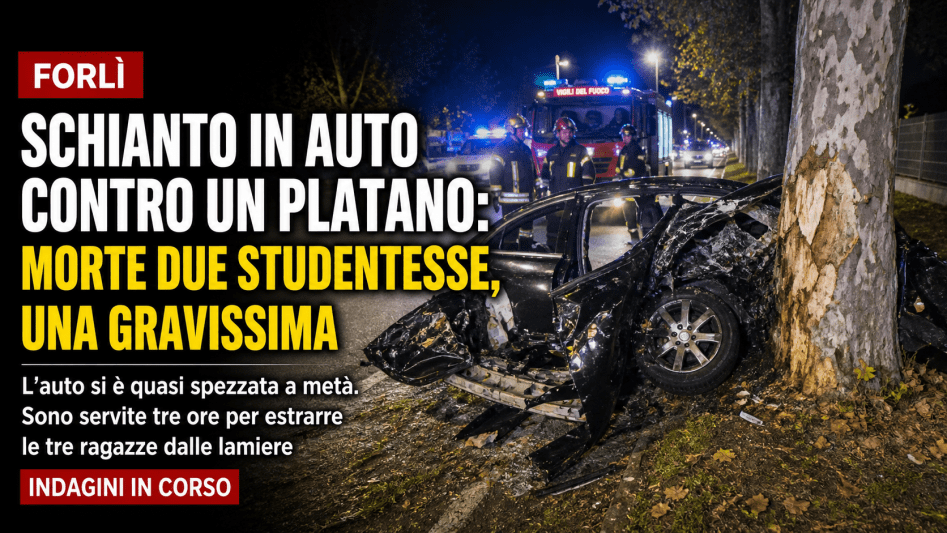 Incidente stradale a Forlì, auto distrutta contro un platano con intervento dei soccorsi