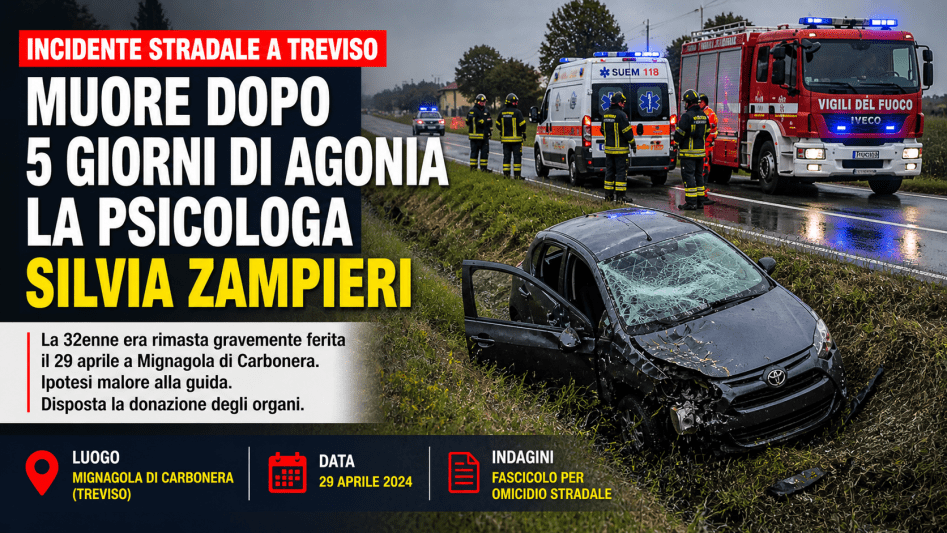 Auto distrutta fuori strada a Treviso con intervento dei soccorsi dopo un incidente