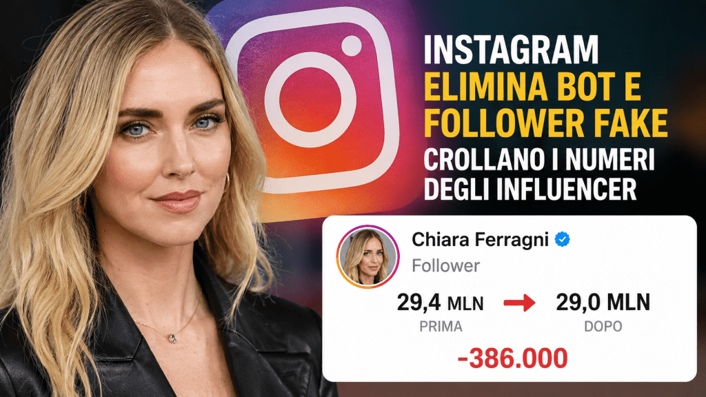 Chiara Ferragni al centro di una grafica social dedicata al calo di follower su Instagram dopo la rimozione di bot e account fake