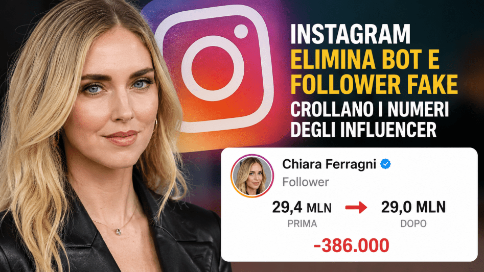 Chiara Ferragni al centro di una grafica social dedicata al calo di follower su Instagram dopo la rimozione di bot e account fake