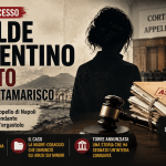 Grafica giornalistica sul caso Matilde Sorrentino con aula di tribunale e figura femminile in silhouette