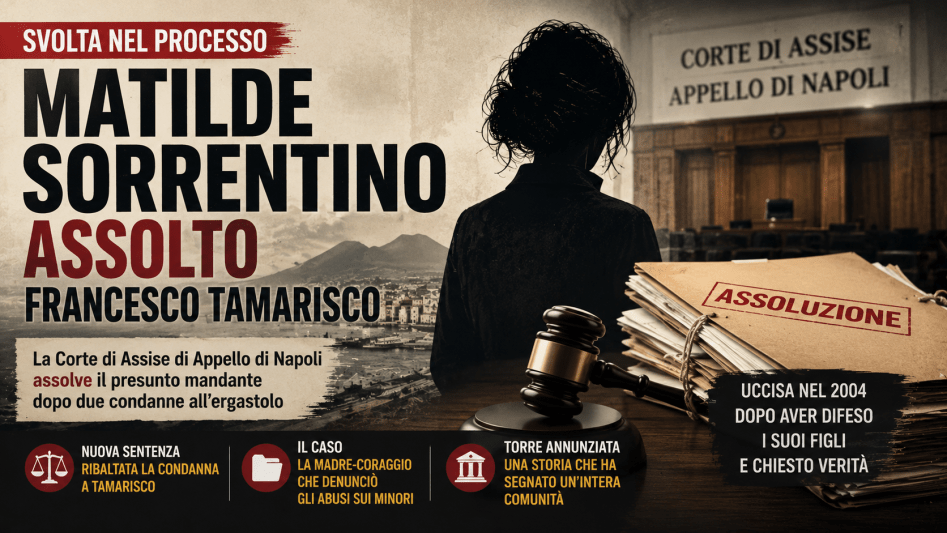 Grafica giornalistica sul caso Matilde Sorrentino con aula di tribunale e figura femminile in silhouette