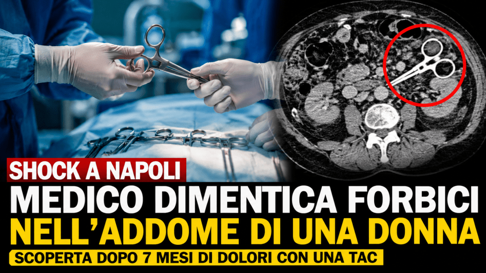 Sala operatoria e Tac con forbici chirurgiche dimenticate nell’addome di una donna dopo un intervento a Napoli