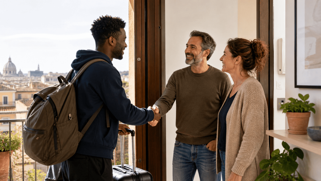 Famiglia romana accoglie un migrante in casa con valigia all’ingresso