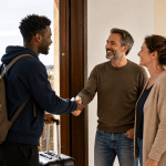 Famiglia romana accoglie un migrante in casa con valigia all’ingresso