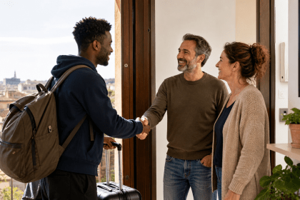 Famiglia romana accoglie un migrante in casa con valigia all’ingresso