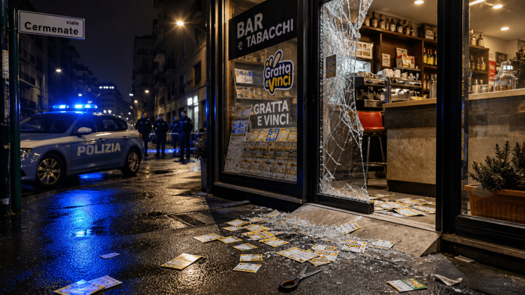 Scena di un bar a Milano dopo il tentato furto di gratta e vinci, con intervento della polizia