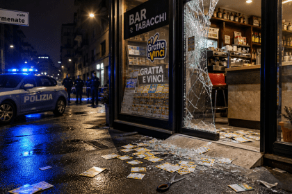Scena di un bar a Milano dopo il tentato furto di gratta e vinci, con intervento della polizia