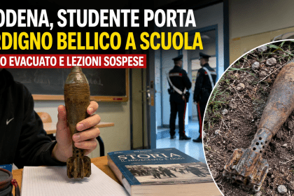 Carabinieri davanti a un liceo di Modena dopo il ritrovamento di un presunto ordigno bellico portato in classe da uno studente