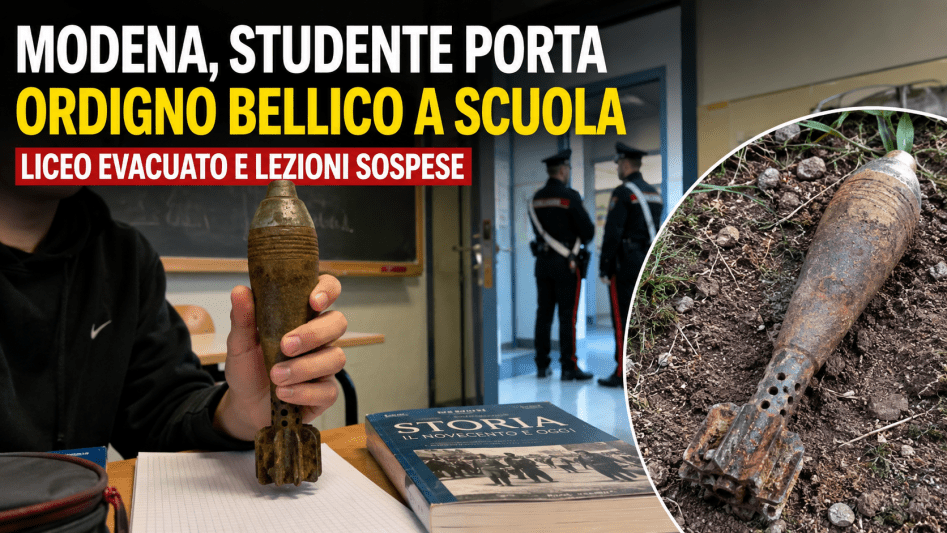 Carabinieri davanti a un liceo di Modena dopo il ritrovamento di un presunto ordigno bellico portato in classe da uno studente