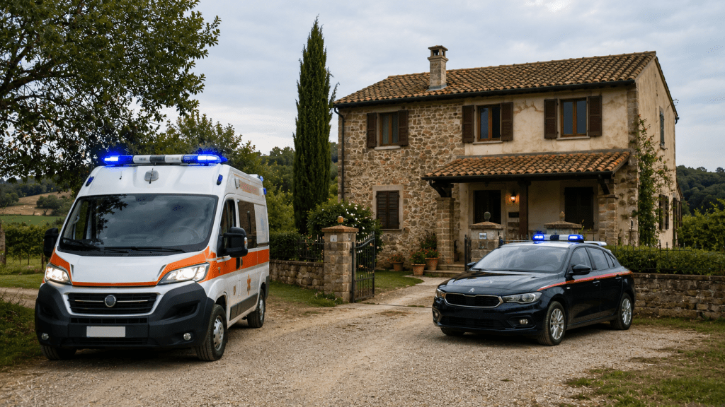 Polizia e ambulanza davanti a una casa di campagna durante un intervento delle forze dell’ordine