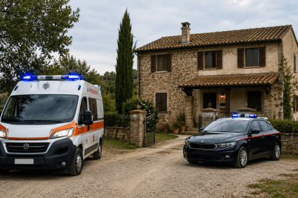 Polizia e ambulanza davanti a una casa di campagna durante un intervento delle forze dell’ordine