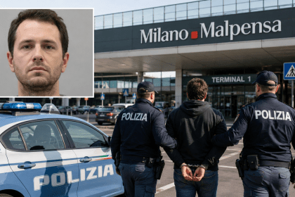 Polizia aeroportuale durante un controllo a Malpensa dopo il fermo di un cittadino americano ricercato negli Stati Uniti