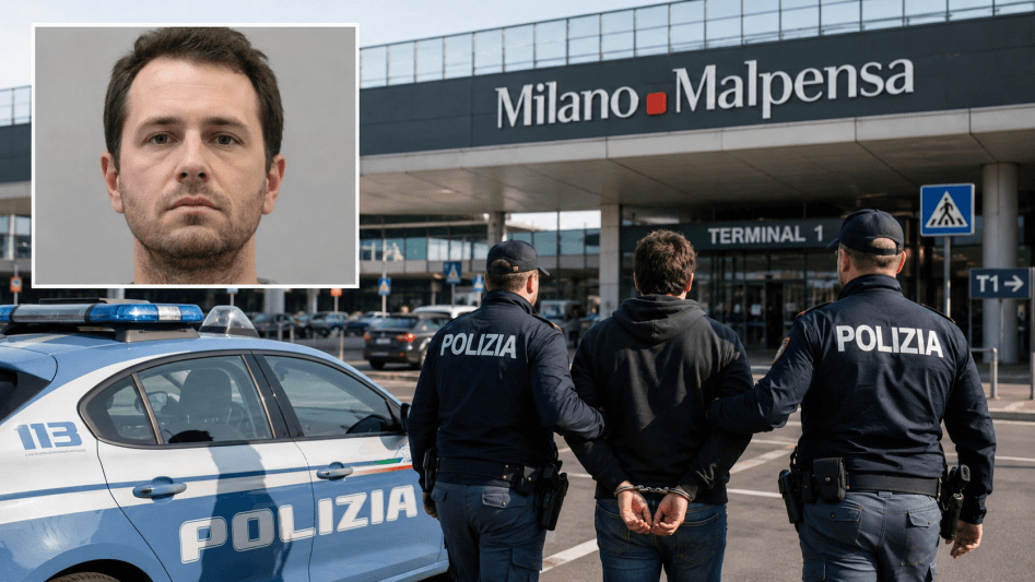 Polizia aeroportuale durante un controllo a Malpensa dopo il fermo di un cittadino americano ricercato negli Stati Uniti