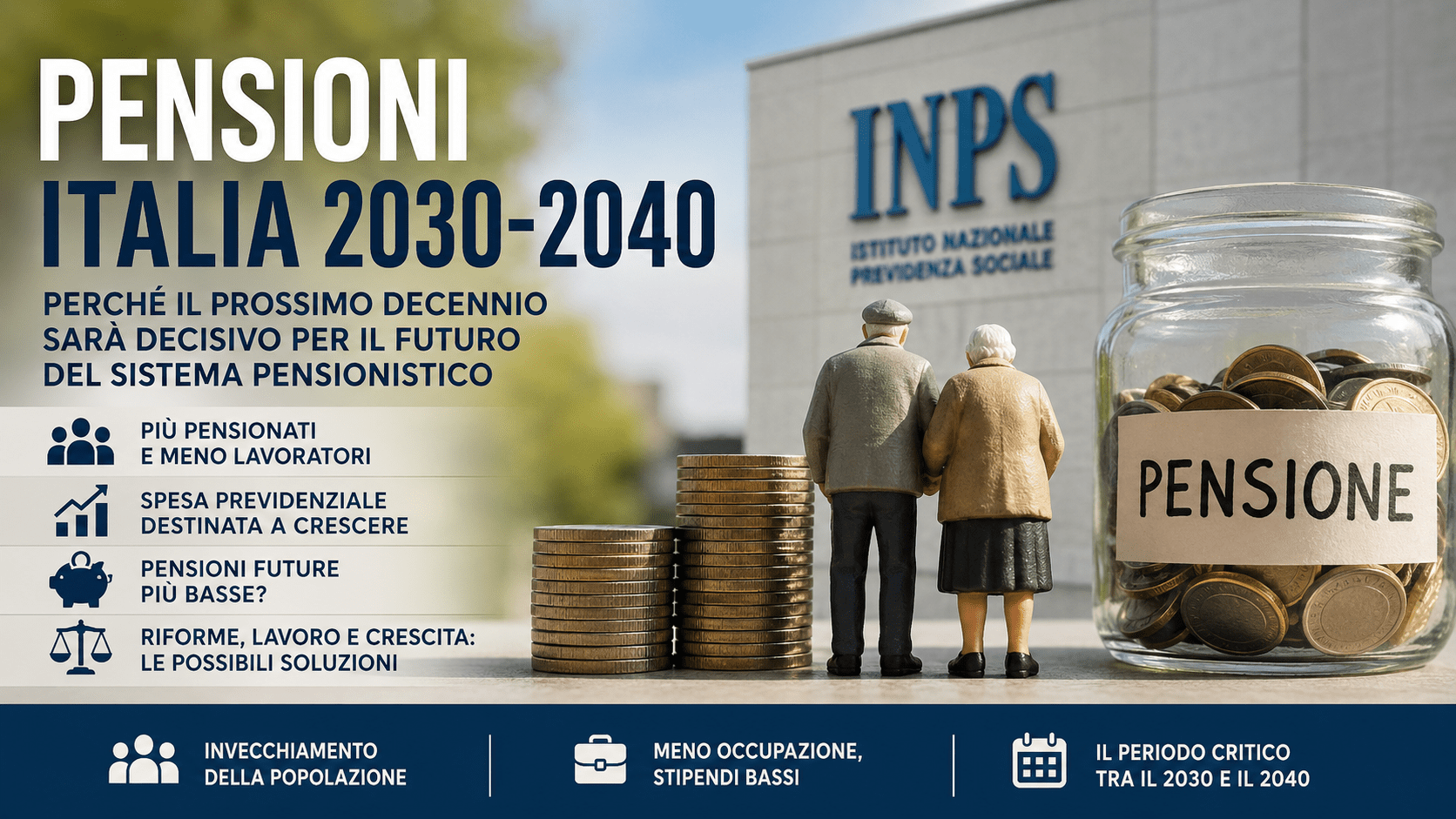 Grafica sul futuro delle pensioni in Italia con anziani, simbolo INPS e dati economici