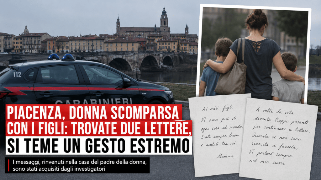 Auto dei carabinieri a Piacenza con immagine simbolica di una madre e due figli dopo il ritrovamento di lettere legate alla scomparsa della donna.