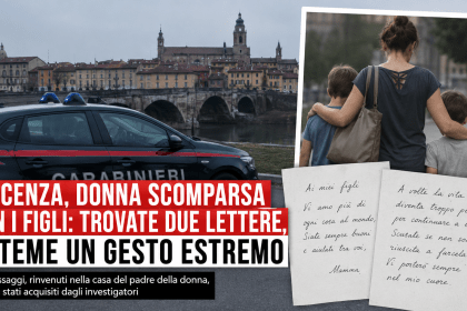 Auto dei carabinieri a Piacenza con immagine simbolica di una madre e due figli dopo il ritrovamento di lettere legate alla scomparsa della donna.