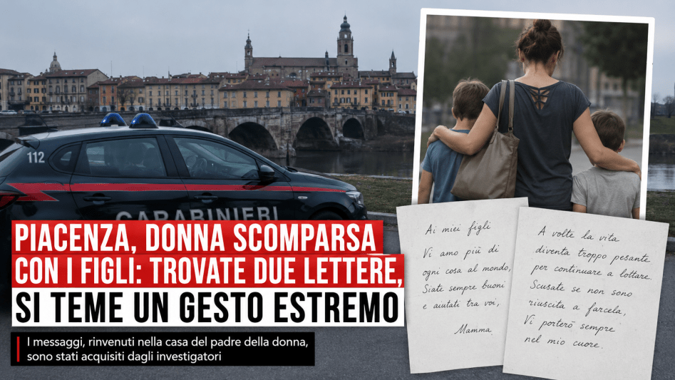 Auto dei carabinieri a Piacenza con immagine simbolica di una madre e due figli dopo il ritrovamento di lettere legate alla scomparsa della donna.