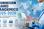 Illustrazione del nuovo Piano Pandemico 2025-2029 approvato dal Governo italiano con ospedale, monitor digitali e simboli sanitari