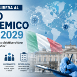 Illustrazione del nuovo Piano Pandemico 2025-2029 approvato dal Governo italiano con ospedale, monitor digitali e simboli sanitari