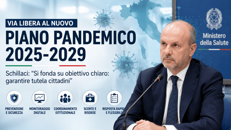 Medici e sala controllo sanitaria digitale durante la presentazione del nuovo Piano Pandemico 2025-2029 in Italia