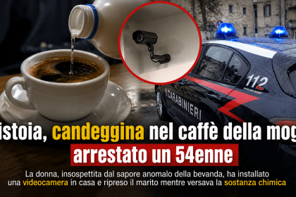 Polizia e tazza di caffè in una ricostruzione simbolica del caso di Pistoia con arresto di un 54enne accusato di aver versato candeggina nel caffè della moglie
