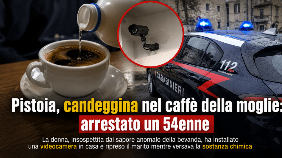 Polizia e tazza di caffè in una ricostruzione simbolica del caso di Pistoia con arresto di un 54enne accusato di aver versato candeggina nel caffè della moglie