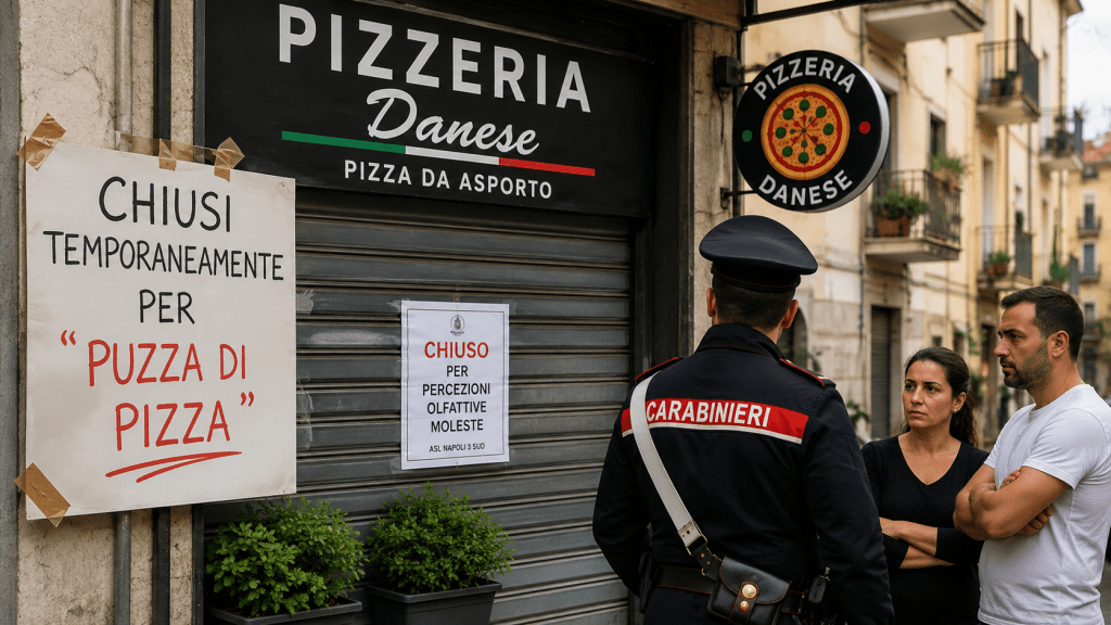 Pizzeria chiusa a Portici con cartello “chiusi per puzza di pizza” e carabiniere davanti al locale