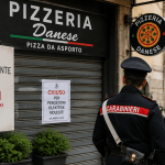 Pizzeria chiusa a Portici con cartello “chiusi per puzza di pizza” e carabiniere davanti al locale