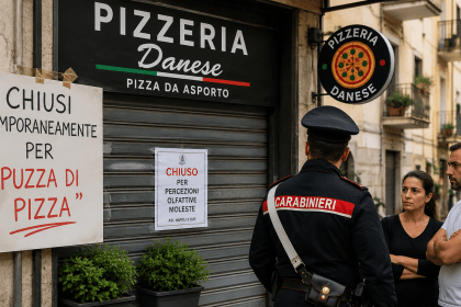 Pizzeria chiusa a Portici con cartello “chiusi per puzza di pizza” e carabiniere davanti al locale