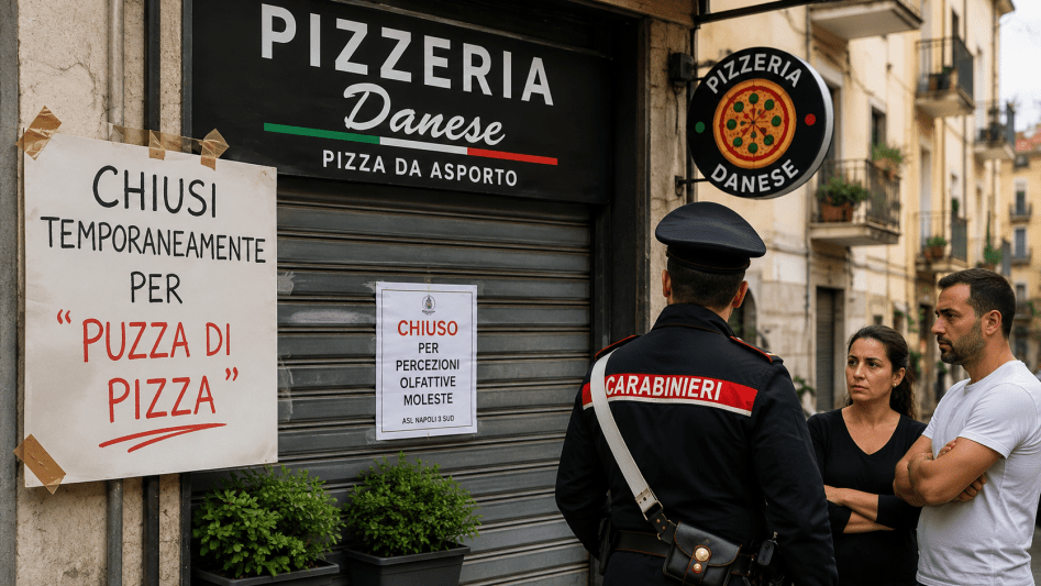 Pizzeria chiusa a Portici con cartello “chiusi per puzza di pizza” e carabiniere davanti al locale