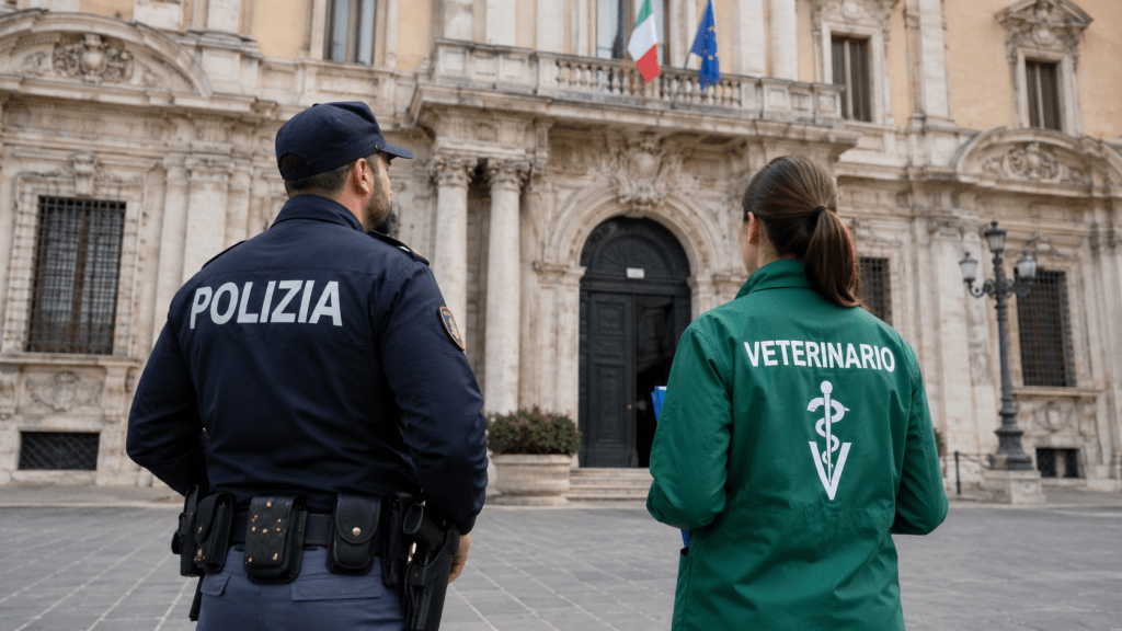 Poliziotto e veterinario davanti a un palazzo istituzionale durante un controllo ufficiale