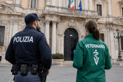 Poliziotto e veterinario davanti a un palazzo istituzionale durante un controllo ufficiale