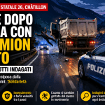 Auto della polizia e camion fermo dopo inseguimento notturno in Valle d’Aosta con agenti sul posto