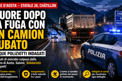 Auto della polizia e camion fermo dopo inseguimento notturno in Valle d’Aosta con agenti sul posto