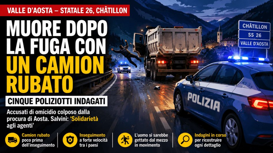 Auto della polizia e camion fermo dopo inseguimento notturno in Valle d’Aosta con agenti sul posto